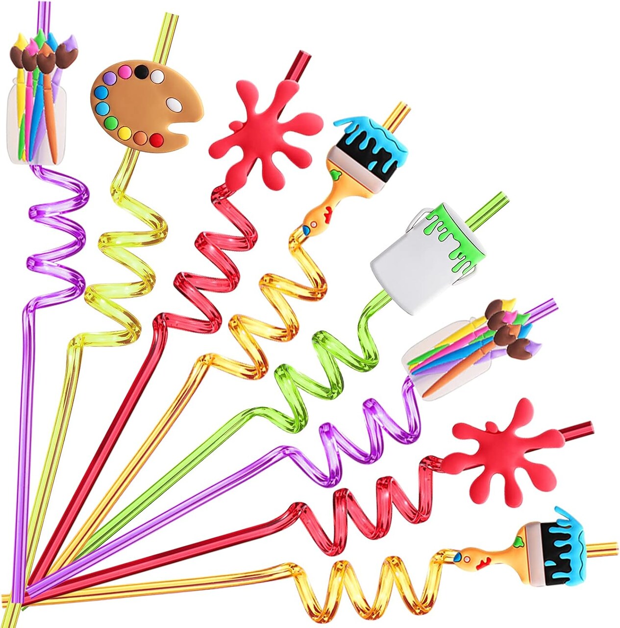 25 Reusable Art Painting Straws for Sip and Paint Brushes (pink, green,yellow, orange and sky blue) 10.5" x 0.23" x 0.23"